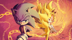 Size: 1287x723 | Tagged: safe, artist:shira hedgie, sonic the hedgehog, hedgehog, arms folded, chain, claws, clenched teeth, duo, evil, evil vs good, fleetway super sonic, frown, looking back, self paradox, signature, two sides