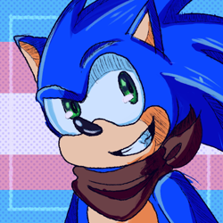 Size: 512x512 | Tagged: safe, artist:orcatheartist, sonic the hedgehog, hedgehog, bandana, clenched teeth, featured image, icon, looking offscreen, pride, pride flag background, raised eyebrow, smile, solo, sonic boom (tv), trans pride, transgender