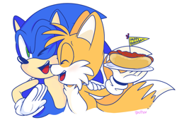 Size: 977x665 | Tagged: safe, artist:devotedsidekick, miles "tails" prower, sonic the hedgehog, fox, hedgehog, birthday, chili dog, duo, eyes closed, flag, holding each other, mouth open, signature, simple background, white background, wink