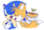 Size: 977x665 | Tagged: safe, artist:devotedsidekick, miles "tails" prower, sonic the hedgehog, fox, hedgehog, birthday, chili dog, duo, eyes closed, flag, holding each other, mouth open, signature, simple background, white background, wink