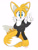 Size: 1280x1672 | Tagged: safe, artist:devotedsidekick, miles "tails" prower, fox, barefoot, facemask, hoodie, japanese text, looking at viewer, pants, paws, shoes off, simple background, smile, solo, v sign, white background