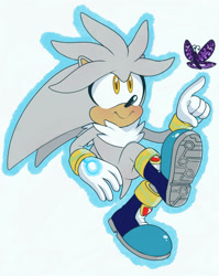Size: 1280x1612 | Tagged: safe, artist:devotedsidekick, silver the hedgehog, boots, butterfly, flying, looking at something, neck fluff, psychokinesis, silvabetes, simple background, solo, white background