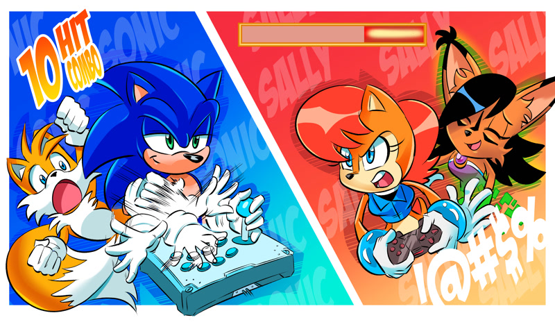 Size: 3508x2078 | Tagged: safe, artist:chauvels, nicole the hololynx, sally acorn, sonic the hedgehog, tails doll, chipmunk, fox, hedgehog, controller, digital static, featured image, female, fighting game, gaming, group, hololynx, joystick, male