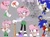 Size: 2820x2080 | Tagged: safe, artist:sherrydoodlez, amy rose, nicky, sonic the hedgehog, au:high school, baseball bat, bubblegum, dialogue, glasses, grey background, looking at each other, simple background
