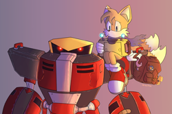 Size: 1214x806 | Tagged: safe, artist:verocitea, e-123 omega, miles "tails" prower, sonic forces, alternate universe, backpack, black sclera, duo, glowing eyes, gradient background, miles electric, robot, scarf, sitting, spanner