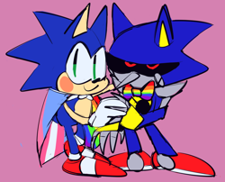 Size: 886x716 | Tagged: safe, artist:factory11, metal sonic, sonic the hedgehog, black sclera, bowtie, cape, duo, gay pride, holding hands, looking at viewer, pride, purple background, red eyes, robot, simple background, smile, trans pride