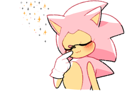 Size: 720x533 | Tagged: safe, artist:scribbily, sonic the hedgehog, oc, oc:sakura sonic, hedgehog, :3, blushing, color swap, eyes closed, pink fur, simple background, solo, sonabetes, sparkles, white background