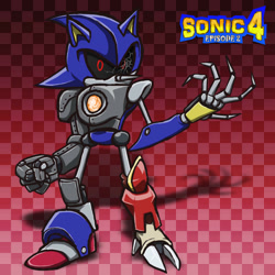 Size: 900x900 | Tagged: safe, artist:professorzolo, metal sonic, abstract background, black sclera, checkered background, cracked glass, rayman origins, red eyes, redesign, robot, solo, sonic 4: episode 2, style emulation