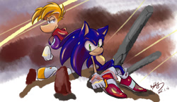 Size: 1175x680 | Tagged: safe, artist:amberday, sonic the hedgehog, hedgehog, branch, crossover, duo, hoodie, leaning back, looking at viewer, looking back, male, males only, rayman, rock, signature, sitting, unknown species