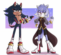 Size: 1280x1161 | Tagged: safe, artist:comfiesilv, oc, cat, hedgehog, abstract background, duo, fankid, heels, magical gay spawn, magical lesbian spawn, parent:amy, parent:blaze, parent:shadow, parent:sonic, parents:blazamy, parents:sonadow