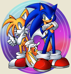 Size: 3243x3397 | Tagged: safe, artist:yoshiyoshi700, miles "tails" prower, sonic the hedgehog, fox, hedgehog, arms folded, duo, looking at viewer, looking back, male, males only, redraw, smile, thumbs up