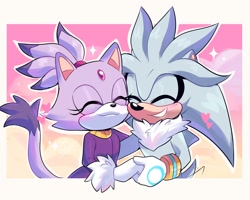 Size: 2500x2000 | Tagged: safe, artist:lou_lubally, blaze the cat, silver the hedgehog, cat, hedgehog, clouds, daytime, female, male, shipping, silvaze, straight