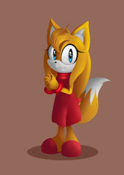 Size: 1024x1444 | Tagged: safe, artist:ailatf, zooey the fox, fox, brown background, dress, female, lineless, looking at viewer, no outlines, simple background, solo, sonic boom (tv)