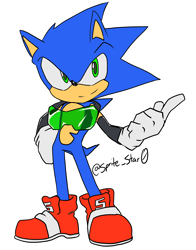 Size: 2455x3125 | Tagged: safe, artist:xtp597, sonic the hedgehog, hedgehog, goggles, male, outline, pointing, redesign, signature, simple background, smile, solo, transparent background