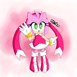 Size: 1280x1280 | Tagged: safe, artist:aresworld-suniverse, amy rose, hedgehog, au:sonic skyline, boots, dress, female, looking at viewer, redesign, ribbons, signature, smile, solo, waving