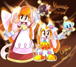 Size: 1700x1500 | Tagged: safe, artist:y-firestar, cheese (chao), chocola (chao), cream the rabbit, vanilla the rabbit, chao, rabbit, agender, bow, bowtie, female, flying, group, mouth open, neutral chao, redesign