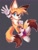 Size: 1556x2048 | Tagged: safe, artist:nervock, miles "tails" prower, fox, brown tipped ears, clenched fist, grey background, large ears, looking at viewer, male, one fang, outline, redesign, redraw, simple background, solo, waving
