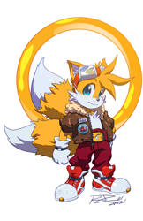 Size: 634x980 | Tagged: safe, artist:robaato, miles "tails" prower, fox, aviator jacket, badge, belt, goggles, hand on hip, looking at viewer, male, pants, rat rage, ring, signature, simple background, solo, style emulation, white background