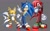 Size: 1370x862 | Tagged: safe, artist:ssjsophia, knuckles the echidna, miles "tails" prower, sonic the hedgehog, echidna, fox, hedgehog, sonic heroes, clenched fist, clenched teeth, frown, grey background, hair over one eye, lineless, male, males only, no outlines, pointing, signature, simple background, smile, team sonic, trio