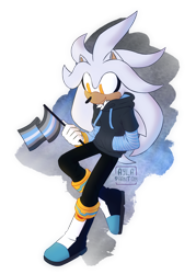 Size: 1280x1792 | Tagged: safe, artist:aylaphantom, silver the hedgehog, hedgehog, abstract background, boots, demiboy pride, flag, holding something, hoodie, looking at something, male, pride, pride flag background, semi-transparent background, solo