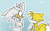 Size: 576x360 | Tagged: safe, artist:nannelflannel, miles "tails" prower, silver the hedgehog, fox, hedgehog, arms folded, blue background, blushing, clenched fist, duo, gay, looking at each other, male, males only, outline, shipping, signature, silvails, simple background