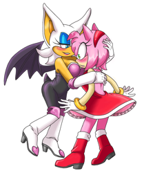 Size: 1108x1327 | Tagged: suggestive, artist:amortem-kun, amy rose, rouge the bat, bat, hedgehog, amy's halterneck dress, blushing, duo, female, females only, forced, hugging, lesbian, lidded eyes, rougamy, rouge's heart top, shipping, simple background, white background