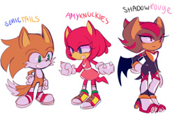 Size: 500x329 | Tagged: safe, artist:i don't even, oc, bat, echidna, hybrid, boots, dress, fankid, hand on hip, hedgefox, magical gay spawn, parent:amy, parent:knuckles, parent:rouge, parent:shadow, parent:sonic, parent:tails, parents:knuxamy, parents:shadouge, parents:sontails, simple background, smile, trio, two tails, white background