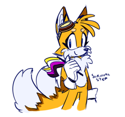 Size: 400x376 | Tagged: safe, artist:survivalstep, miles "tails" prower, fox, brown tipped ears, featured image, flag, goggles, holding something, looking at viewer, nonbinary pride, pride, simple background, smile, solo, white background