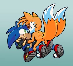 Size: 1067x965 | Tagged: safe, artist:thesheeark, miles "tails" prower, sonic the hedgehog, fox, hedgehog, eyes closed, gay, gradient background, imminent hugging, leaning in, looking at them, male, males only, mouth open, redesign, shipping, shocked, sonic x tails