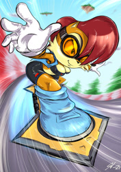 Size: 1024x1449 | Tagged: safe, artist:souleatersaku90, sally acorn, chipmunk, extreme gear, female, goggles, hair over one eye, racing, sally's vest and boots, signature, smile, solo, sonic riders, tree
