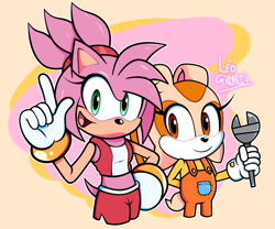 Size: 1200x1000 | Tagged: safe, artist:kitarehamakura, amy rose, cream the rabbit, hedgehog, rabbit, abstract background, arm behind back, duo, female, females only, hand on hip, holding something, looking at viewer, mouth open, pointing, ponytail, redesign, role swap, signature, smile, spanner