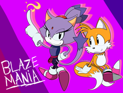 Size: 2000x1500 | Tagged: safe, artist:kitarehamakura, blaze the cat, miles "tails" prower, cat, fox, sonic mania, abstract background, duo, female, fire finger, flame, hand on hip, looking at viewer, male, mania style, pink shoes, pointing, redesign, role swap, smile