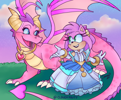 Size: 2400x2000 | Tagged: safe, artist:cloudypouty, amy rose, black knight style, clouds, dragon, dress, duo, ember the dragon (spyro), grass, heart, looking at each other, mouth open, signature