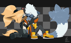 Size: 1150x695 | Tagged: safe, artist:ridleynemrick, tangle the lemur, whisper the wolf, lemur, wolf, blushing, checkered background, duo, eyes closed, female, females only, hair over one eye, heart, holding each other, kiss, lesbian, shipping, signature, tangle x whisper, tangle's running suit