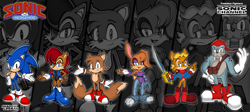 Size: 1335x599 | Tagged: safe, artist:shadowlifeman, antoine d'coolette, bunnie rabbot, miles "tails" prower, rotor walrus, sally acorn, sonic the hedgehog, chipmunk, coyote, fox, hedgehog, rabbit, walrus, echo background, female, freedom fighters, group, male, modern style, sonic channel wallpaper style, sword