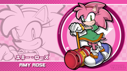 Size: 1190x671 | Tagged: safe, artist:shadowlifeman, amy rose, hedgehog, abstract background, classic amy, echo background, female, looking at viewer, modern style, piko piko hammer, smile, solo, sonic channel wallpaper style