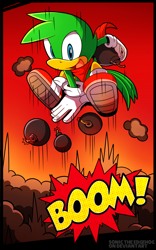Size: 1000x1600 | Tagged: safe, artist:sonictheedgehog, bean the dynamite, bird, bandana, bomb, boom, exclamation mark, explosion, featured image, gradient background, jumping, mid-air, mouth open, solo, this will end in property damage