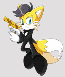 Size: 1024x1220 | Tagged: safe, artist:sonictheedgehog, miles (anti-mobius), fox, bowtie, evil, frown, grey background, gun, holding something, looking at viewer, male, mid-air, simple background, solo, suit, two tails