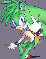 Size: 1400x1800 | Tagged: safe, artist:manicscloe, manik the hedgehog, hedgehog, drumsticks, earring, grey background, holding something, horn sign, looking at viewer, necklace, signature, simple background, smile, solo, spiked bracelet