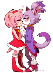 Size: 566x779 | Tagged: safe, artist:dragonspurr, amy rose, blaze the cat, cat, hedgehog, amy x blaze, amybetes, blazebetes, blushing, cute, duo, eyes closed, heart, holding hands, lesbian, lidded eyes, noses are touching, shipping, signature, simple background, smile, white background