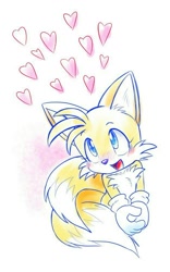 Size: 626x1005 | Tagged: safe, artist:jackysm, miles "tails" prower, fox, abstract background, blushing, ear fluff, gender swap, hearts, holding hands, looking up, mouth open, solo, tailabetes