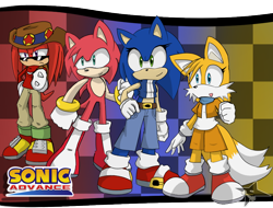 Size: 900x685 | Tagged: safe, artist:kumo-inosuka, amy rose, knuckles the echidna, miles "tails" prower, sonic the hedgehog, echidna, fox, hedgehog, belt, boots, checkered background, clenched fist, crop jacket, frown, gender swap, hand on hip, hat, pants, scarf, shorts, smile, sonic advance, sunglasses, tomboy