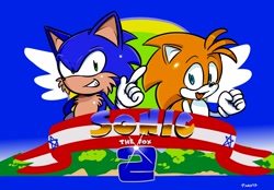 Size: 2300x1600 | Tagged: safe, artist:pinguka, miles "tails" prower, sonic the hedgehog, fox, hedgehog, sonic the hedgehog 2, duo, redraw, species swap, title screen