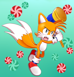 Size: 738x768 | Tagged: safe, artist:yumethenekomata, miles "tails" prower, blushing, classic, classic tails, cute, fangs, gradient background, hammer, mint candy, solo, tailabetes, tails adventure, too cute to be taken seriously