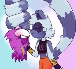 Size: 1100x1000 | Tagged: safe, artist:omnitit, blaze the cat, tangle the lemur, abstract background, blushing, females only, holding them, imminent kissing, lesbian, shipping, tail lift, tanglaze