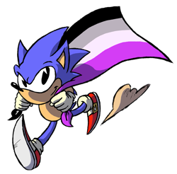 Size: 769x758 | Tagged: safe, artist:slainmonkey, sonic the hedgehog, asexual pride, cape, classic, classic sonic, dust clouds, pride, running, simple background, solo, transparent background