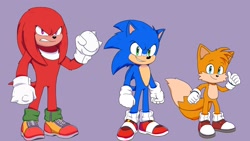 Size: 1920x1080 | Tagged: safe, artist:justin61894350, knuckles the echidna, miles "tails" prower, sonic the hedgehog, sonic the hedgehog 2 (2022), purple background, simple background
