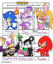 Size: 1256x1500 | Tagged: safe, artist:nebulabelt_, blaze the cat, bunnie rabbot, geoffrey st. john, knuckles the echidna, rouge the bat, sonic the hedgehog, black leather two-piece outfit, blaze's tailcoat, simple background, six fanarts, white background