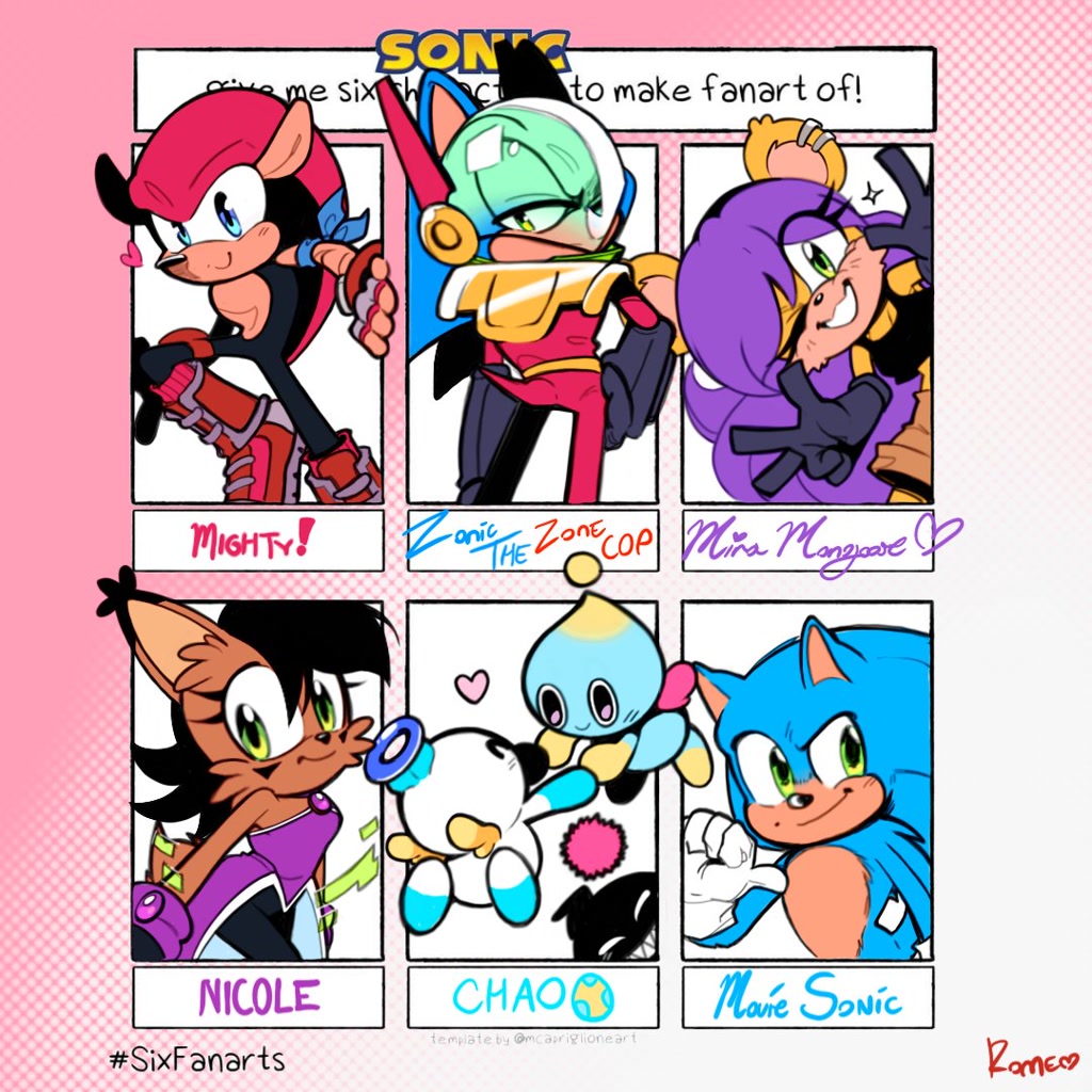 3002 - safe, artist:sp1ndash, mighty the armadillo, mina mongoose, nicole  the hololynx, sonic the hedgehog, zonic the zone cop, chao, group, heart,  hero chao, neutral chao, six fanarts 