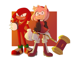 Size: 1377x1140 | Tagged: safe, artist:verocitea, amy rose, knuckles the echidna, sonic forces, abstract background, alternate universe, piko piko hammer, redesign, remote controller, semi-transparent background